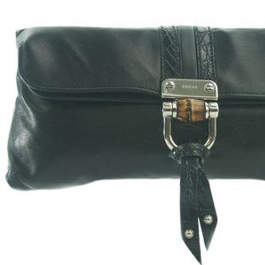 GUCCI Black Leather Clutch with Silver Buckle & Bamboo Accent